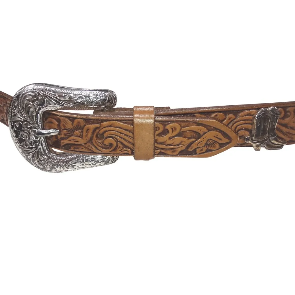 Justin Western Leather Belt Silver Bull Boot Horseshoe Buckle Tooling Size 32